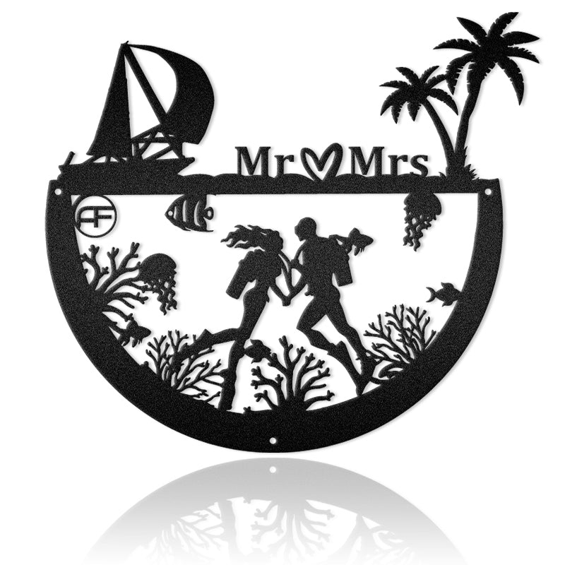 Diver, Snorkeler Couple Dive Boat Metal Art Sign