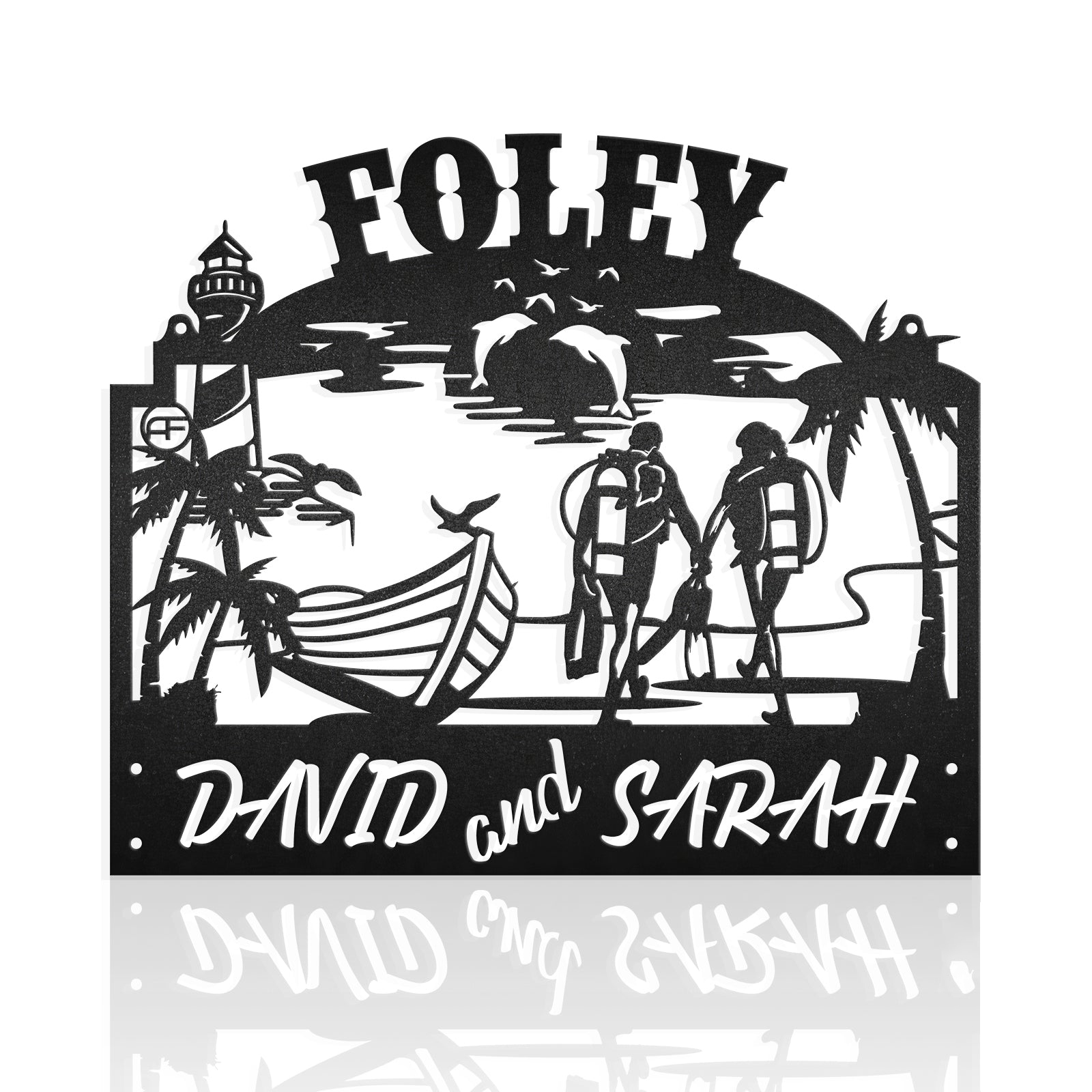 Diver Couple On The Beach Metal Art Sign