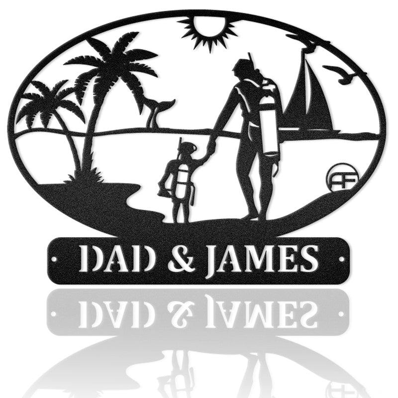 Father & Son Divers Beach Scene Palm Tree Metal Wall Art