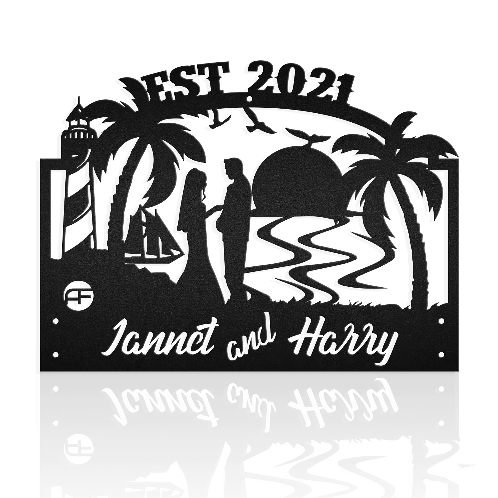 Wedding At The Beach Scene Lighthouse Ship Palm Tree Metal Art Sign