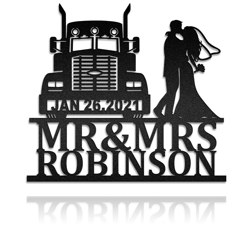 Happy Trucker Couple Personalized Truck Sign Metal Wall Art
