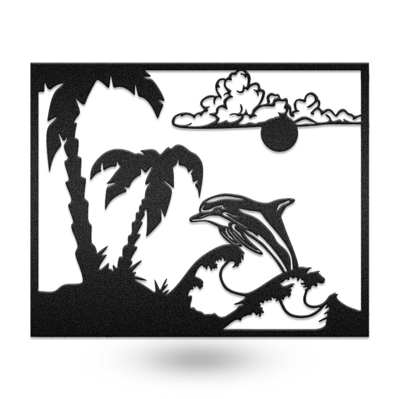 Palm Tree Dolphin Landscape Beach Metal Wall Art