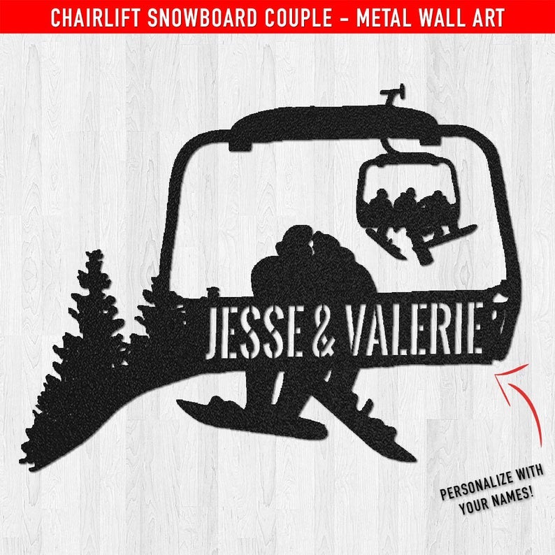 Personalized Chairlift Snowbo Ard Couple Metal Wall Art