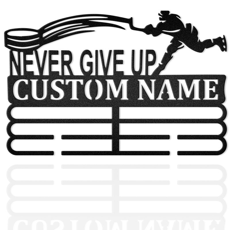 Never Give Up Custom Name Medal Holder For Hockey Lover Decor Metal Wall Art