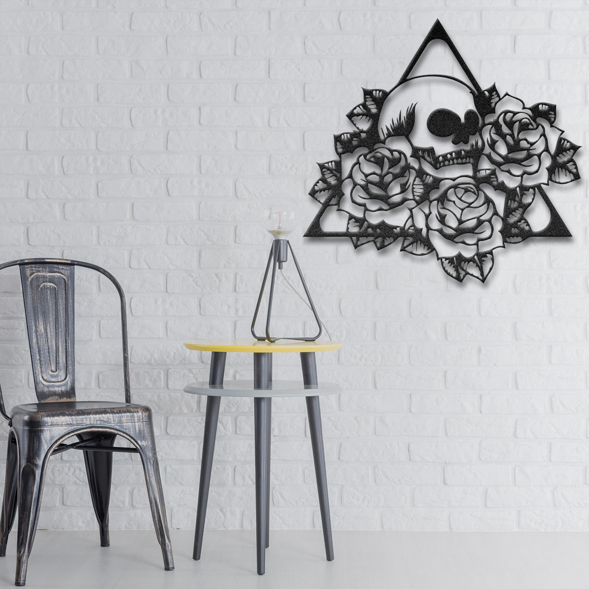 Rose Skull Triangle Skeleton Skull Metal Wall Art