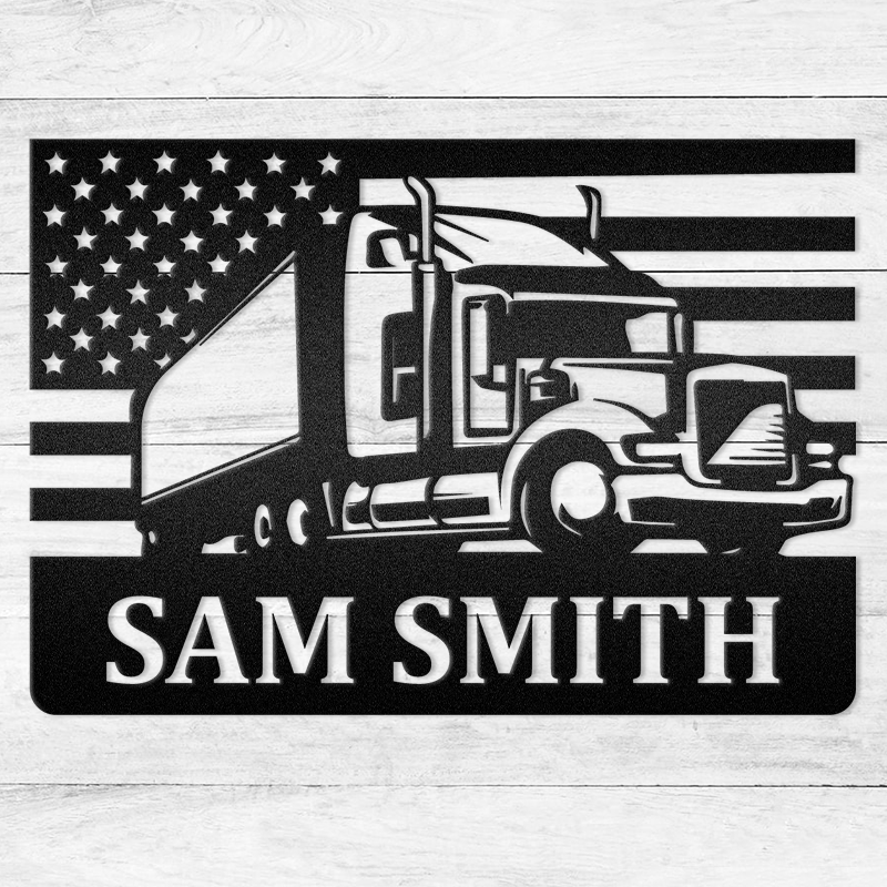 Semi Truck With Us Flag Metal Wall Art