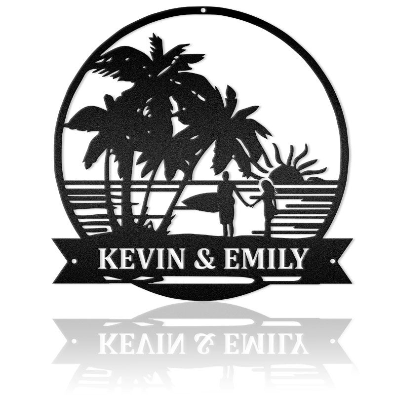 Surfin' At Twilight Couple Custom Name Metal Wall Art Decor