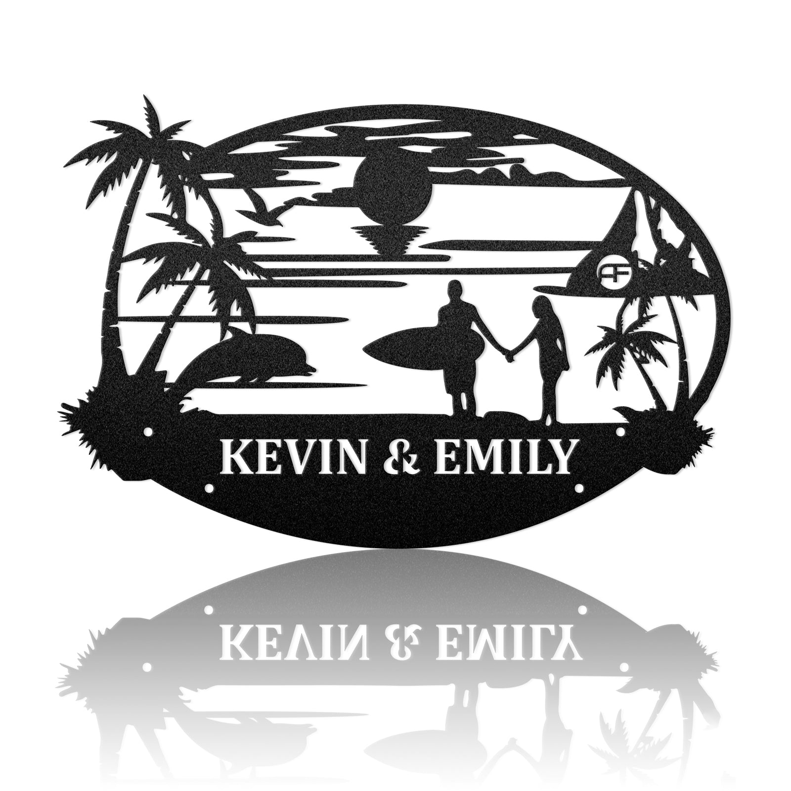 Couple Surfin' In Twilight Metal Art Sign Metal Wall Art