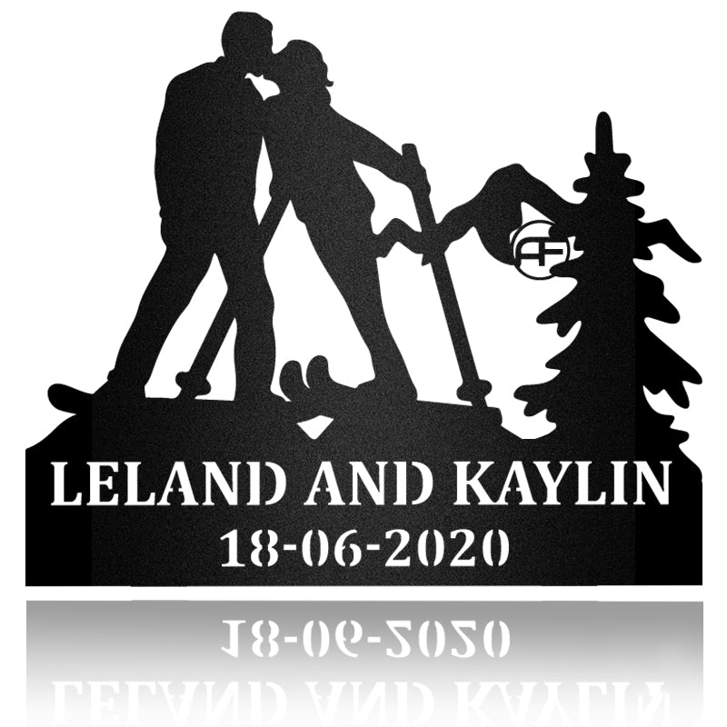 Couple Skiing Kissing Custom Name Metal Wall Art