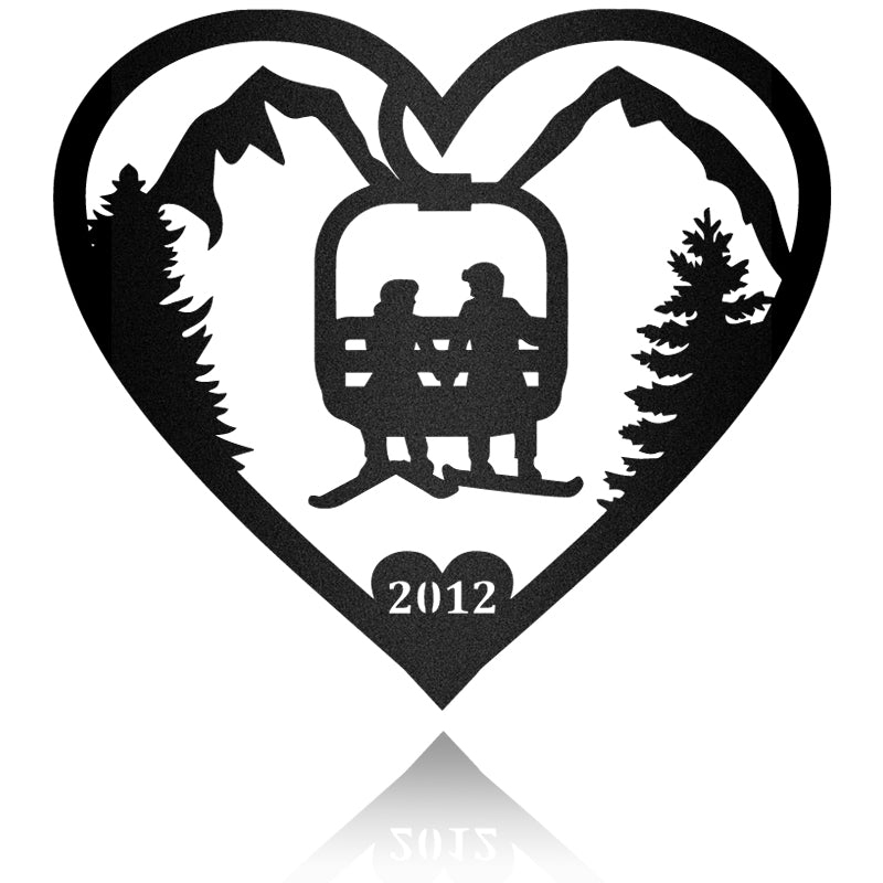 Couple Skiing Love Frame Monogram Metal Wall Art