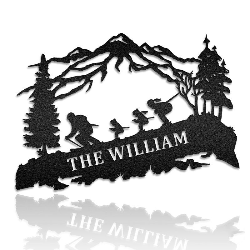 (Up To 4 Members) Family Mountain Skiing Metal Wall Art