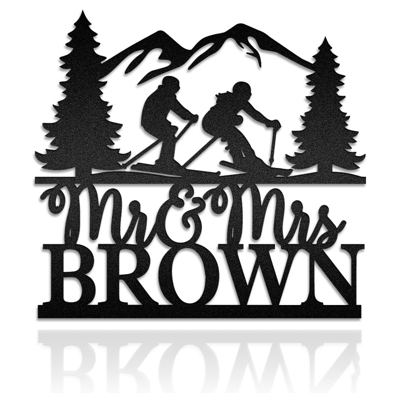 Couple Skiing Monogram Metal Wall Art