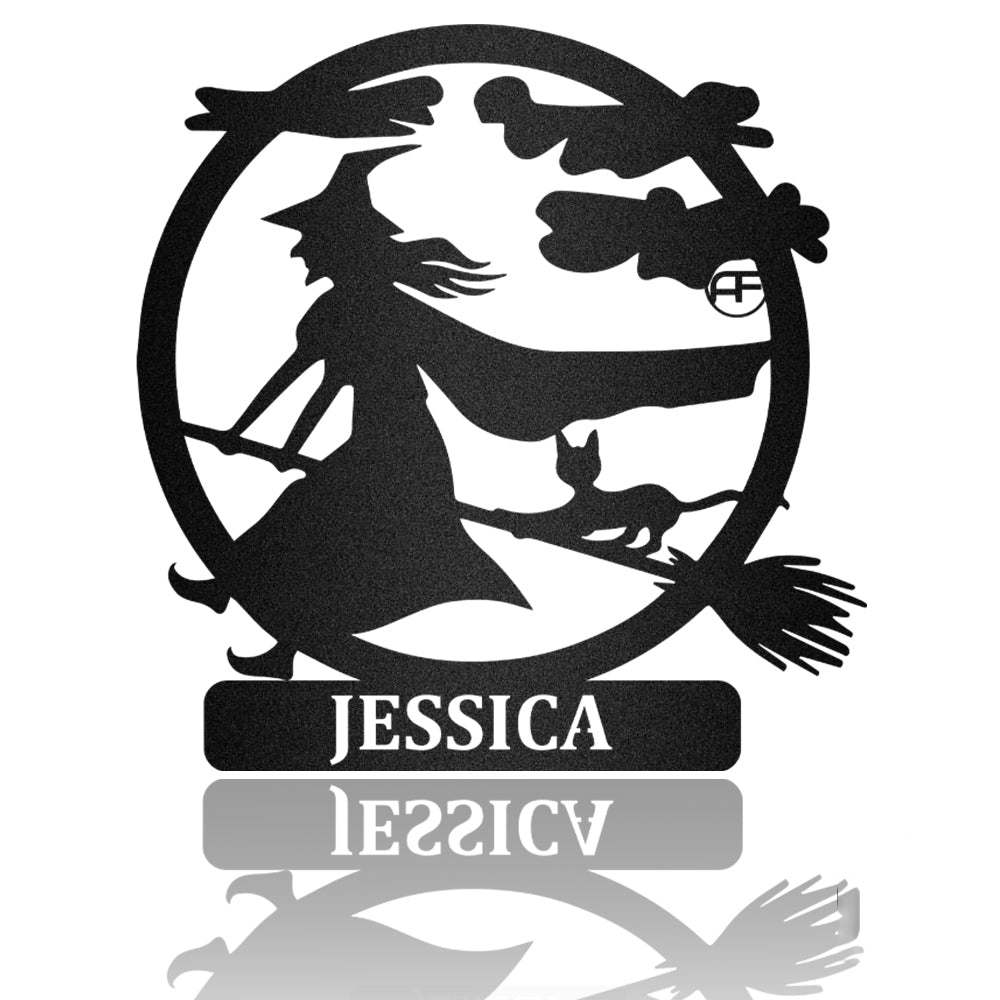 Witch On Broom Personalized Halloween Metal Art Sign